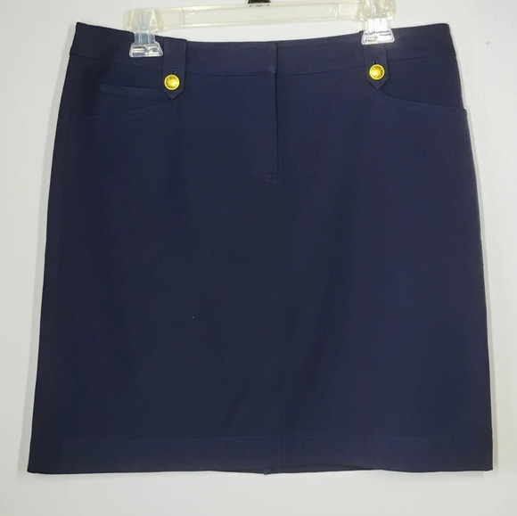 J McLaughlin Nautical Preppy Navy Blue Mini Pencil Skirt Compass Buttons Size 12 - Picture 12 of 12